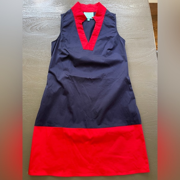 Sail to Sable Navy & Red Poplin Color-block Dress with side zipper, size S - Picture 1 of 2